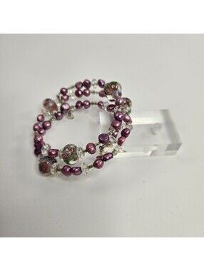 Memory Wire Wrap Bracelet Freshwater Pearl Lampwork Glass Crystal Lavender